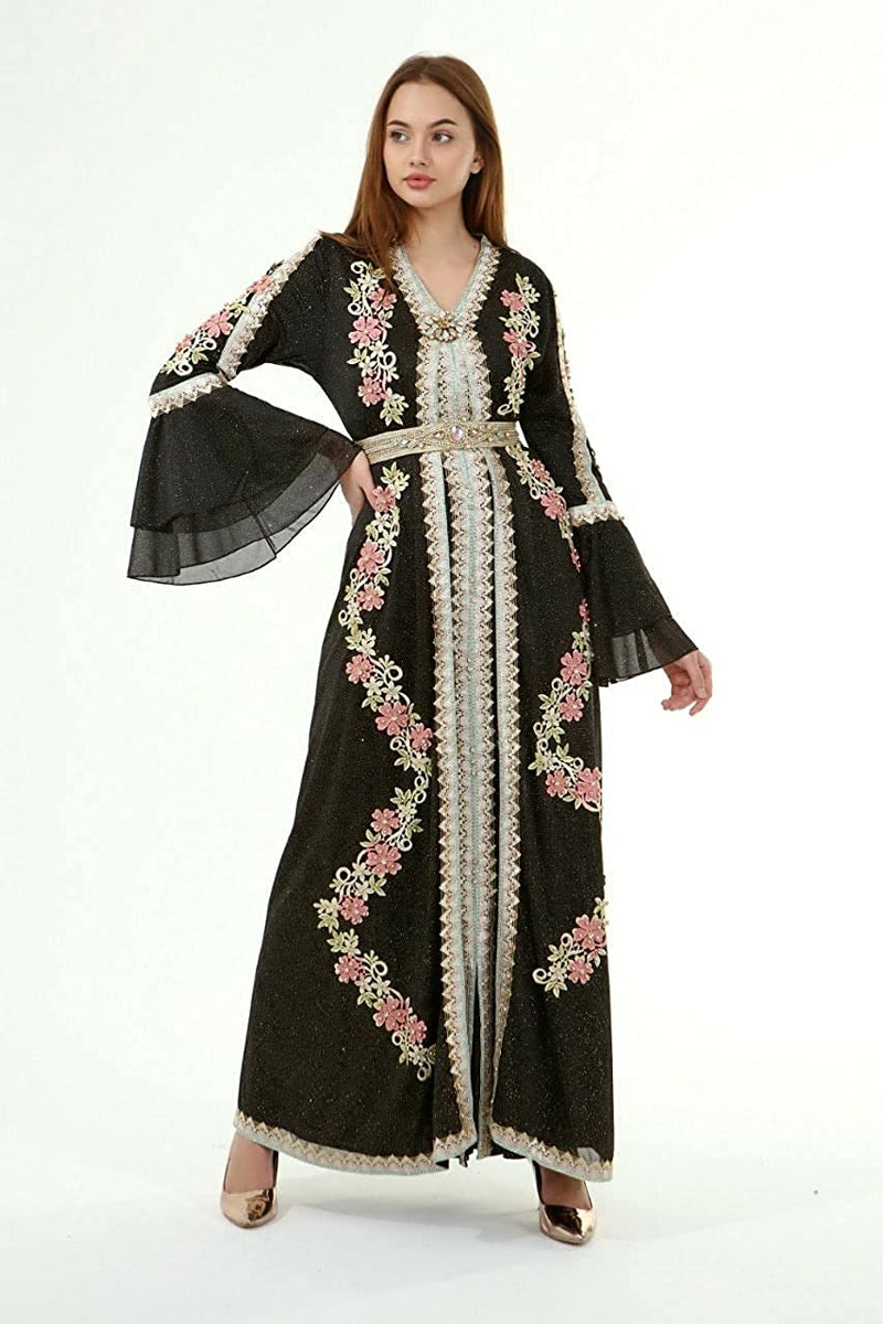 Marwa Fashion Women Muslim Arabic Model 118 Kaftan/Caftan - Arabic Islamic  Moroccan Dress with Embroidery (2XL, Black)