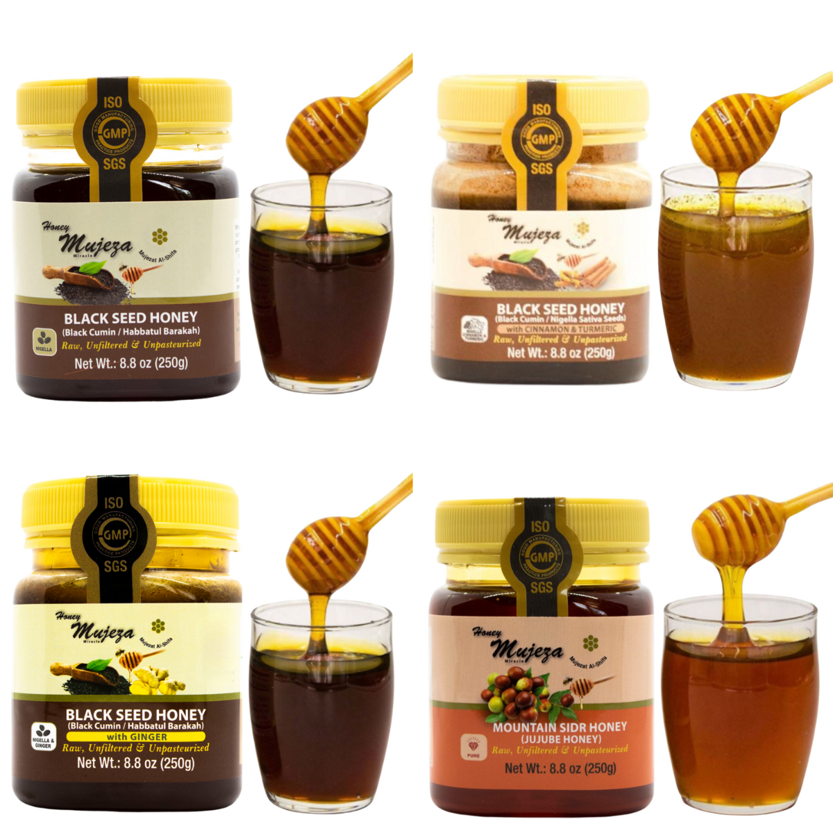 Pack of 4 Jars (Black Seed + Mountain Sidr + Ginger + Cinnamon & Turmeric) Each Jar 250g / 8.8oz