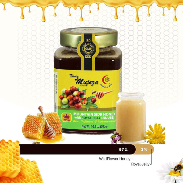the proportions of Mountain Sidr Honey (Jujube) with Royal Jelly - عسل السدر الجبلي مع غذاء الملكات - Mujeza Honey