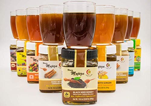 Pack of 4 Mujeza Raw Honey (1 Black Seed Honey + 1 Ginger Honey + 1 Mountain Sidr Honey + 1 Cinnamon & Turmeric) Unheated - Unfiltered - Non GMO - Gluten Free - Unpasteurized - 250g / 8.8oz Gift Set - Mujezat Al-Shifa