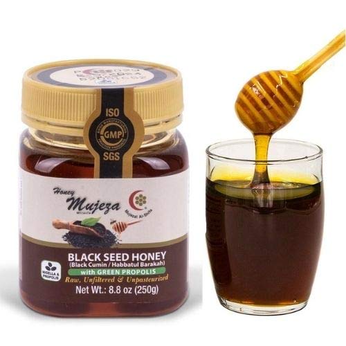 Mujeza Black Seed Honey with Green Propolis - Kosher - Not Mixed with Oil or Powder - Gluten Free - Non GMO - Organic Honey - Immune Booster - 100% Natural Raw Honey (250g /8.8oz)