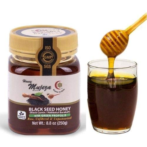 Mujeza Black Seed Honey with Propolis - Not Mixed with Oil or Powder - Gluten Free - Non GMO - Organic Honey - Immune Booster - 100% Natural Raw Honey (250g /8.8oz) Mujeza Al Shifa