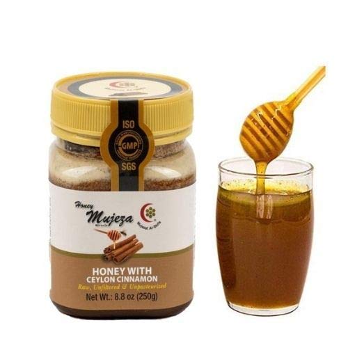 Mujeza Raw Wildflower Honey with Ceylon Cinnamon - Pure Natural Raw Gluten Free Non Gmo Honey - Unheated unfiltered unpasteurized (250g / 8.8oz) - Mujezat Al-Shifa