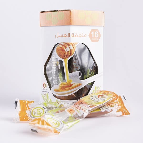 Mujezat Al-Shifa Mountain Sidr Liquid Honey Spoons 160g (Pack of 16 x 10g), 100% Natural Unheated, Unfiltered, Unpasteurized Raw Honey Spoons for Coffee, Tea and Snacks Individually Wrapped, Non GMO