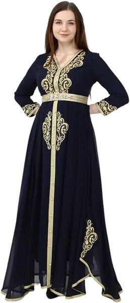 Marwa Fashion Kaftan Women Dresses - Long Arabic Kaftans for Women with Traditional Embroidery - Comfortable and Stylish Kaftan Made from Luxurious Chiffon Crepe Fabric Dark Blue
