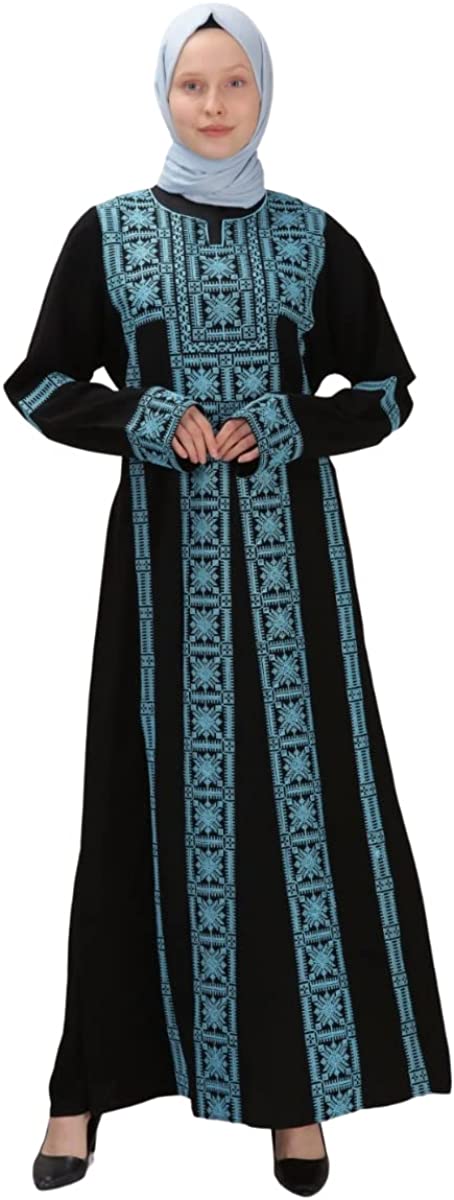 Marwa Fashion Palestinian Thobe Dress for Women - Traditional Palestinian Dress for Girl with Beautiful Embroidery - Dress for Wedding, Parties and Dinner Black Turquoise