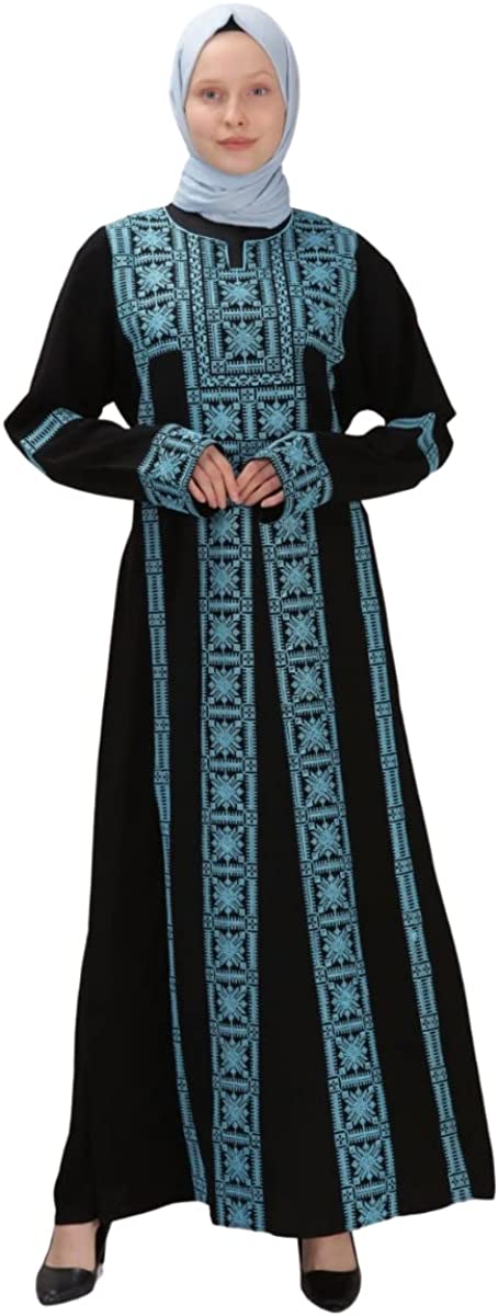 Marwa Fashion Palestinian Thobe Dress - Embroidered Traditional Costume - Arabic Thoub, Maxi Dress for Women & Girls Black Turquoise