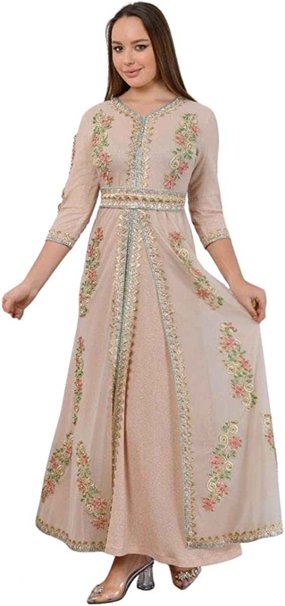 Marwa Fashion Women’s Muslim Beige Color Kaftan/Caftan - Arabic Islamic Moroccan X-Large Size Dress with Embroidery - خليجي/للبنات/نساء/عربي/فستان سهرة/قفطان مغربي