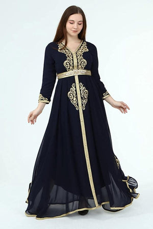 Marwa Fashion Kaftan Women Dresses - Long Arabic Kaftans for Women with Traditional Embroidery - Comfortable and Stylish Kaftan Made from Luxurious Chiffon Crepe Fabric Dark Blue