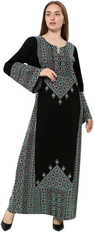 Marwa Fashion Palestinian Thobe Dress for Women - Traditional Palestinian Dress for Girl with Beautiful Embroidery - Dress for Wedding, Parties and Dinner Black-Beige