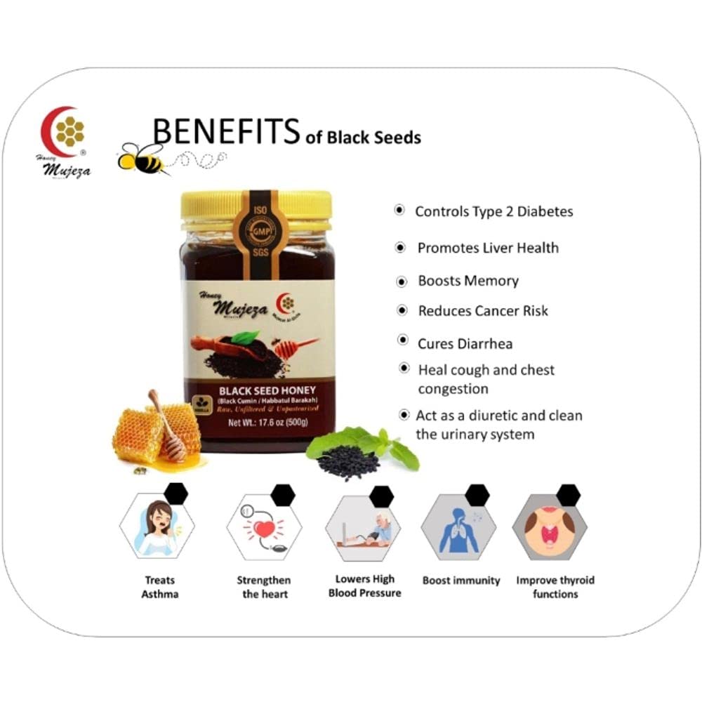 Mujeza Black Seed Honey- (Black cumin- nigella seeds)- Kosher - Not mixed with black seed oil or black seed powder- Gluten Free Non Gmo 100% Natural Honey-17.6oz / 500