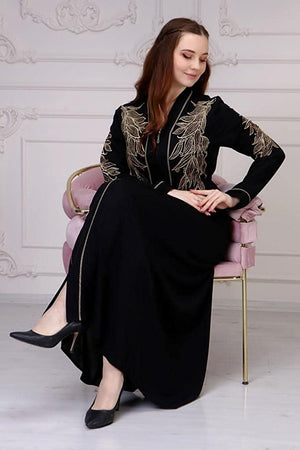 Marwa Fashion Abayas for Women Muslim - Comfortable Arabic Abaya Made from Nada Dubai/Forsan Silk with Beautiful Embroidery - Long Prayer Dress That Will Cover Your Complete Body Black-Gold
