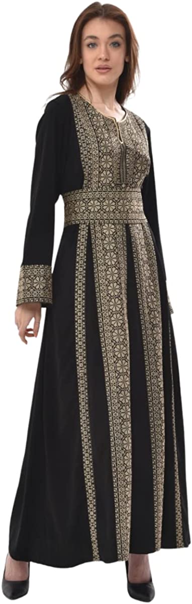 Marwa Fashion Thobe Dress for Women with Traditional Palestinian Embroidery - Islamic Muslim Costume Wedding, Party & Dinner Black Blue
