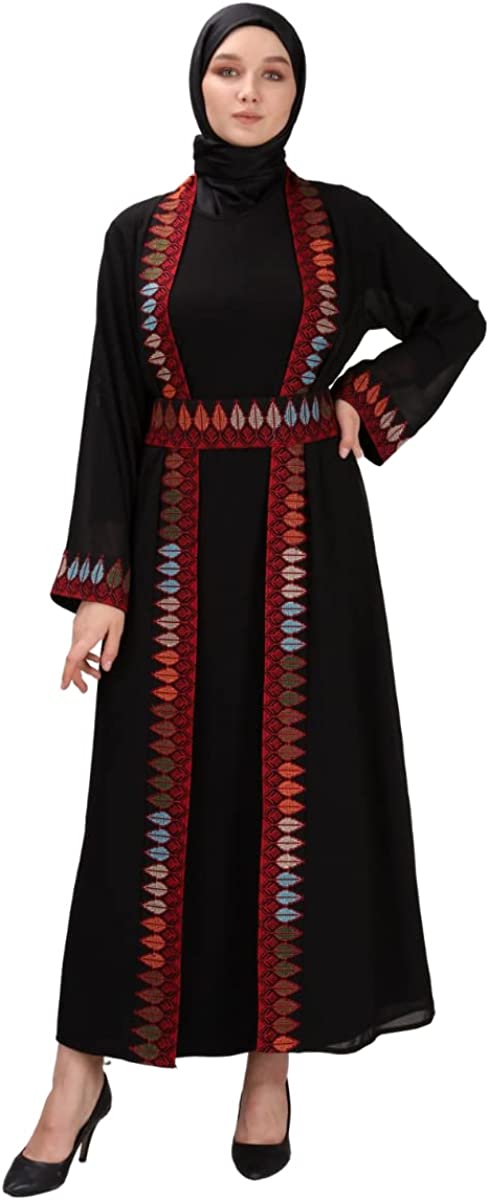 Marwa Fashion Thobe Dress for Women with Traditional Palestinian Embroidery - Islamic Muslim Costume Wedding, Party & Dinner (Medium, Black)