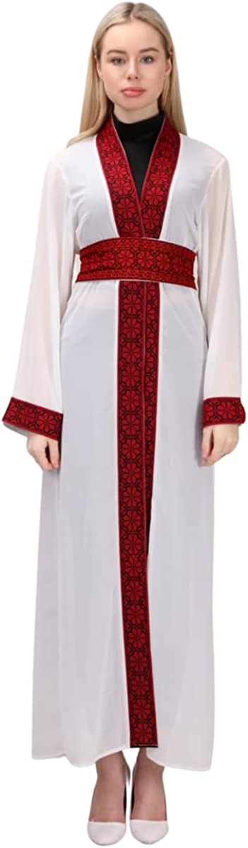 Marwa Fashion Thobe Dress for Women with Traditional Palestinian Embroidery - Islamic Muslim Costume Wedding, Party & Dinner White