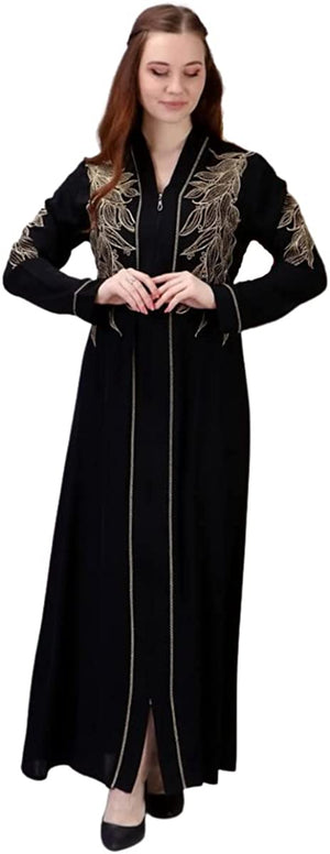 Marwa Fashion Abayas for Women Muslim - Comfortable Arabic Abaya Made from Nada Dubai/Forsan Silk with Beautiful Embroidery - Long Prayer Dress That Will Cover Your Complete Body Black-Gold