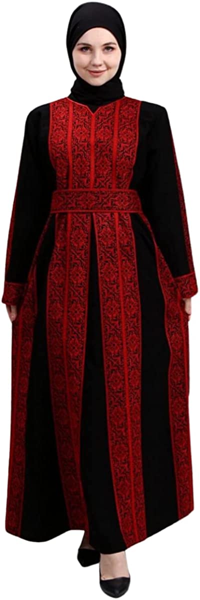 Marwa Fashion Palestine Thobe Dress - Islamic Full Sleeve Abaya Dress with Palestinian Embroidery - Wedding, Party & Dinner Black Red