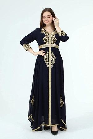 Marwa Fashion Kaftan Women Dresses - Long Arabic Kaftans for Women with Traditional Embroidery - Comfortable and Stylish Kaftan Made from Luxurious Chiffon Crepe Fabric Dark Blue