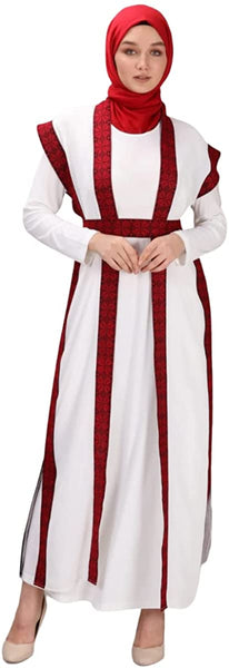 Marwa Fashion Thobe Dress for Women with Traditional Palestinian Embroidery - Islamic Muslim Costume Wedding, Party & Dinner (X-Large) White