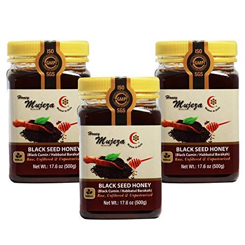 PACK OF 3 Mujeza Black Seed Honey - Not Mixed with Oil or Powder - Gluten Free - Non GMO - Organic Honey - Immune Booster - 100% Natural Raw Honey 500g/17.6oz - Mujeza Al Shifa