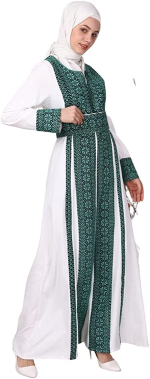 Marwa Fashion Designer Palestinian Thobe - Full Sleeve Embroidered Palestine Thoub - Arabic Dress for Muslim Women & Girls (Small, White Black Red)