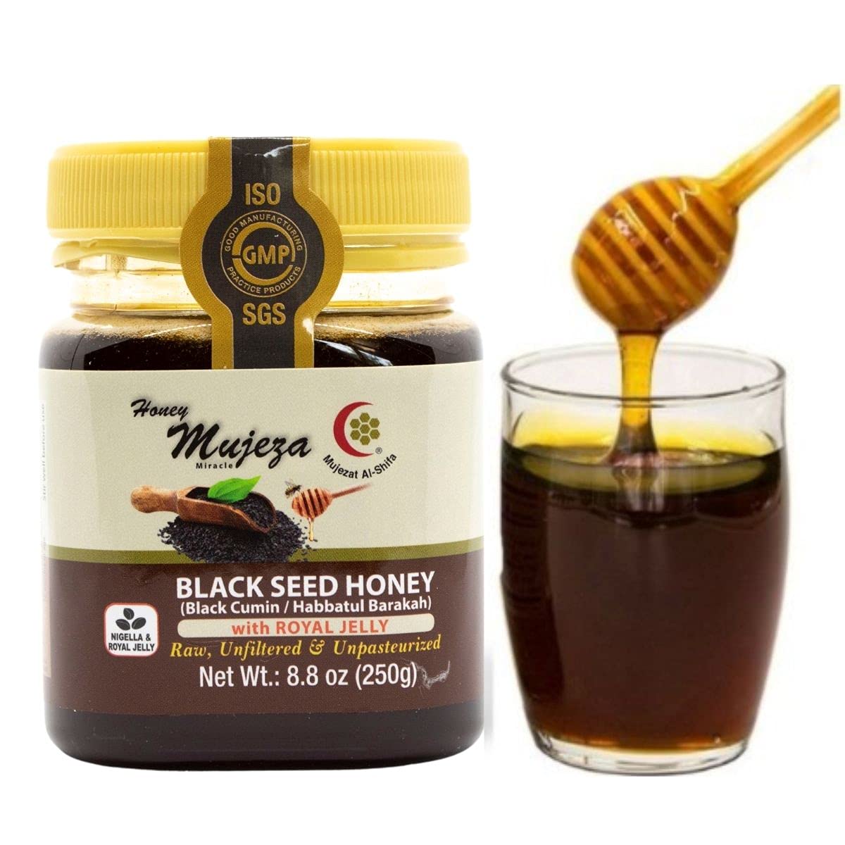 Mujeza Black Seed Honey with Royal Jelly - Not Mixed with Oil or Powder - Gluten Free - Non GMO - Organic Honey - Immune Booster - 100% Natural Raw Honey (250g /8.8oz) Mujezat Al-Shifa