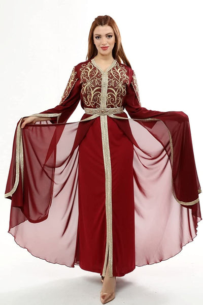 red and gold muslim wedding dress Exquisite Dark Red Caftan Bridal Gown: Long Sleeve Lace Islamic Wedding Dresses for Country & Garden Ceremonies