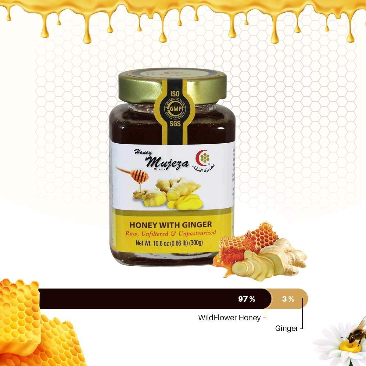 Pack of 6 Black Seed Honey with Fresh Ginger Juice, Unheated Unfiltered Unprocessed 100% Natural Raw Liquid Honey (500g / 17.6oz) - Mujezat Al-Shifa