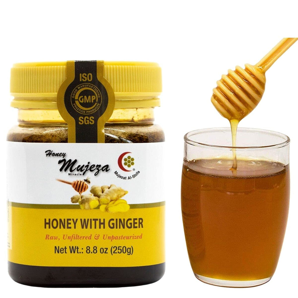 Mujeza Black Seed Honey with Fresh Ginger Juice, Unheated Unfiltered Unprocessed 100% Natural Raw Liquid Honey SAVE $11 ON BIGGER SIZES (250g / 8.8oz) - Mujezat Al Shifa