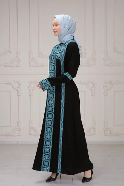 Marwa Fashion Palestinian Thobe Dress - Embroidered Traditional Costume - Arabic Thoub, Maxi Dress for Women & Girls Black Turquoise