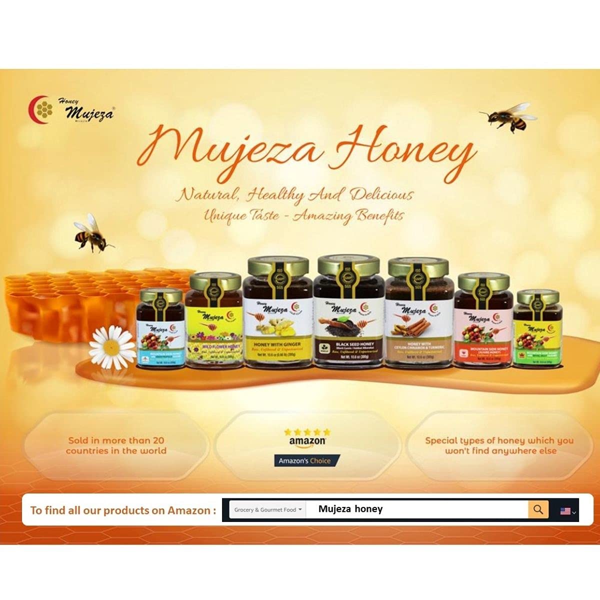 Pack of 4 Mujeza Raw Honey (1 Black Seed Honey + 1 Ginger Honey + 1 Wildflower Honey + 1 Cinnamon & Turmeric) Unheated - Unfiltered - Non GMO - Gluten Free - Unpasteurized - 250g / 8.8oz Gift Set - Mujezat Al-Shifa