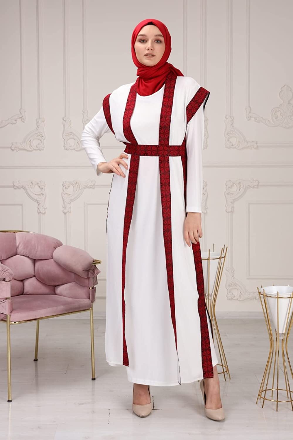 Marwa Fashion Palestinian Thobe Dress for Women - Traditional Palestinian Dress for Girl with Beautiful Embroidery - Dress for Wedding, Parties and Dinner White