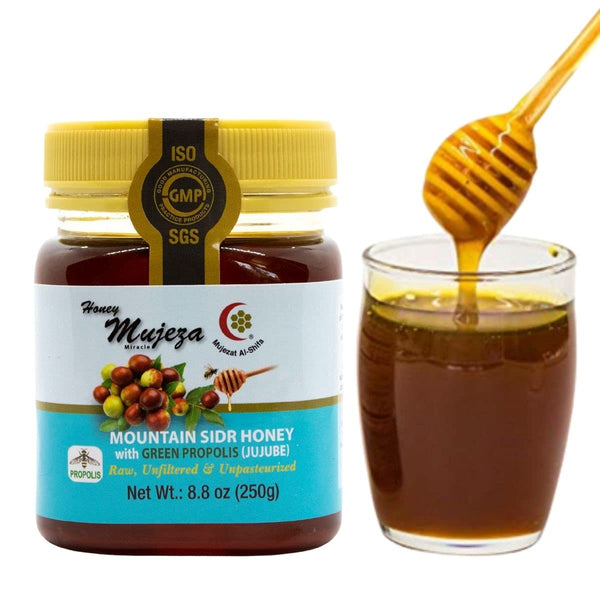 Mujeza Authentic Mountain Sidr Honey (Jujube) with Propolis - Equal to Manuka Effectiveness, Unheated Unfiltered Unprocessed 100% Natural Gluten Free Raw Liquid Honey (250g / 8.8oz) - Mujezat Al-Shifa