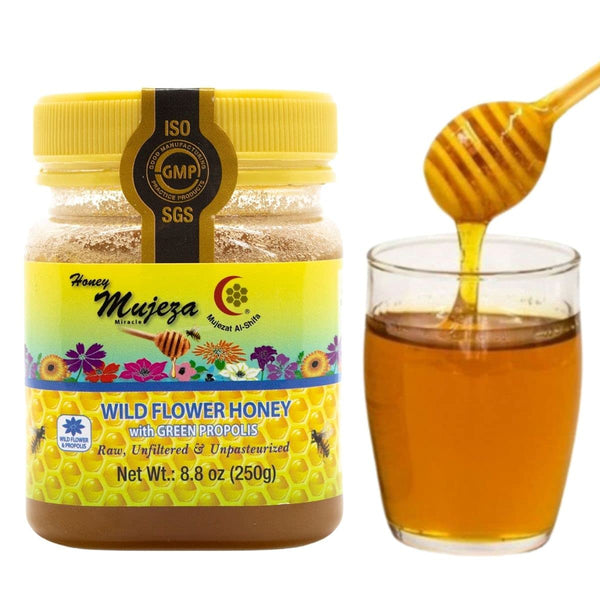 Mujeza Wildflower Honey with Propolis, Unheated, Unfiltered, Unpasteurized 100% Natural Raw Honey, Non GMO (250g / 8.8oz) - Mujezat Al-Shifa