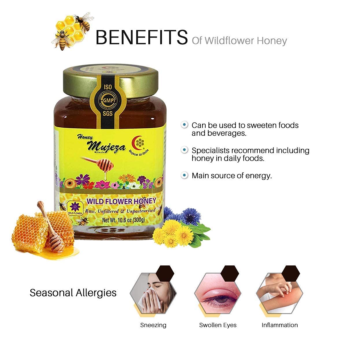 Mujeza Wildflower Honey, Unheated, Unfiltered, Unpasteurized 100% Natural Raw Honey, Non GMO (250g / 8.8oz) - Mujezat Al-Shifa