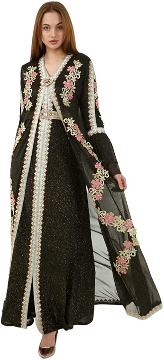 Marwa Fashion Women Muslim Arabic Model 118 Kaftan/Caftan - Arabic Islamic Moroccan Dress with Embroidery (2XL, Black)