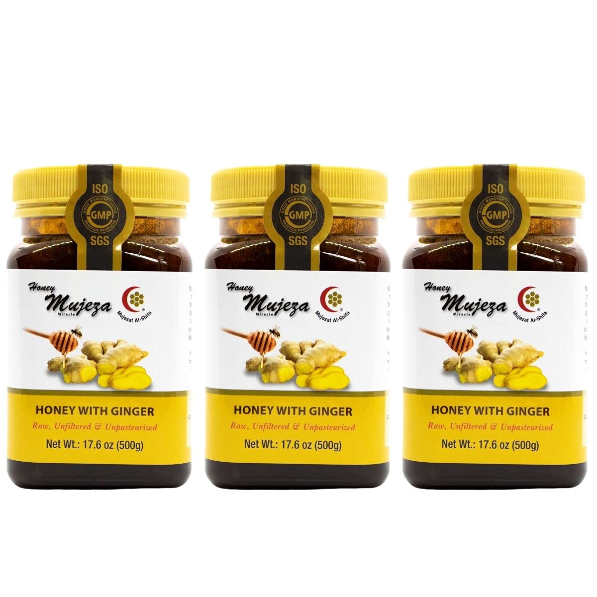 Pack of 3 Black Seed Honey with Fresh Ginger Juice, Unheated Unfiltered Unprocessed 100% Natural Raw Liquid Honey (500g / 17.6oz) - Mujezat Al-Shifa