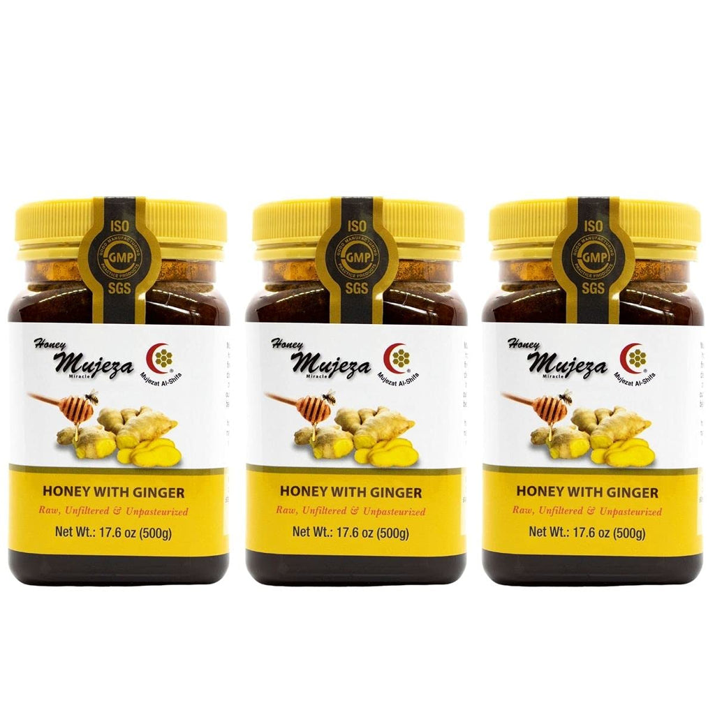 Pack of 3 Black Seed Honey with Fresh Ginger Juice, Unheated Unfiltered Unprocessed 100% Natural Raw Liquid Honey (500g / 17.6oz) - Mujezat Al-Shifa