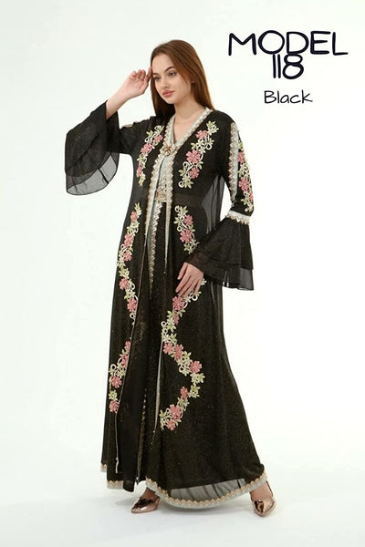 Marwa Fashion Women Muslim Arabic Model 118 Kaftan/Caftan - Arabic Islamic Moroccan Dress with Embroidery (2XL, Black)