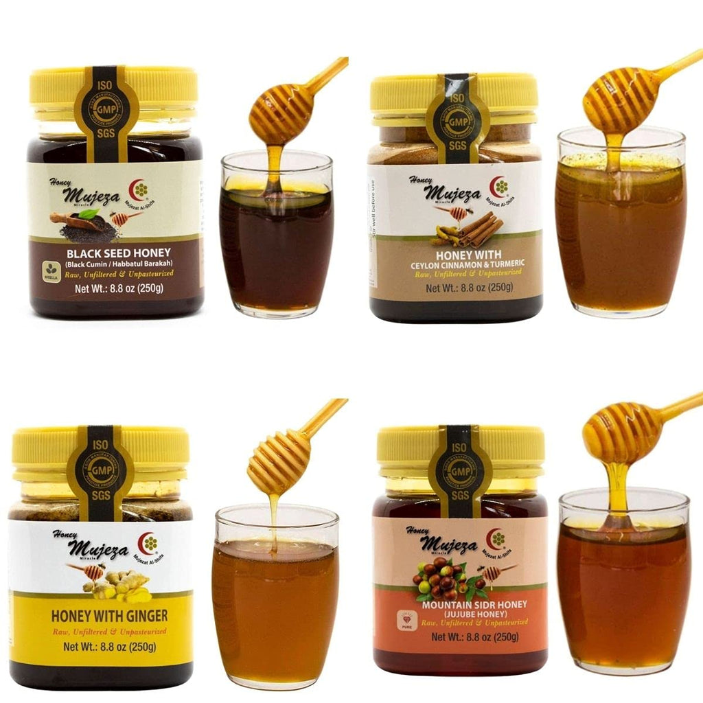 Pack of 4 Mujeza Raw Honey (1 Black Seed Honey + 1 Ginger Honey + 1 Mountain Sidr Honey + 1 Cinnamon & Turmeric) Unheated - Unfiltered - Non GMO - Gluten Free - Unpasteurized - 250g / 8.8oz Gift Set - Mujezat Al-Shifa