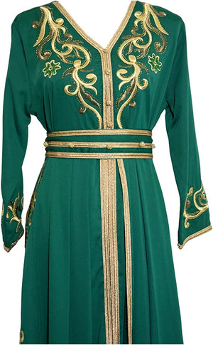 Marwa Fashion Women’s Muslim Green Color Kaftan/Caftan - Arabic Islamic Moroccan X-Large Size Dress with Embroidery - خليجي/للبنات/نساء/عربي/فستان سهرة/