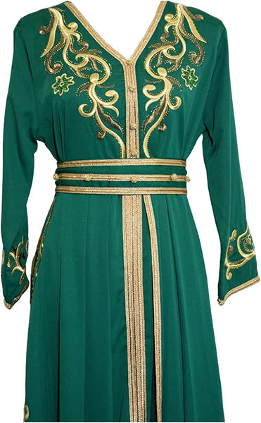 Marwa Fashion Women’s Muslim Green Color Kaftan/Caftan - Arabic Islamic Moroccan X-Large Size Dress with Embroidery - خليجي/للبنات/نساء/عربي/فستان سهرة/
