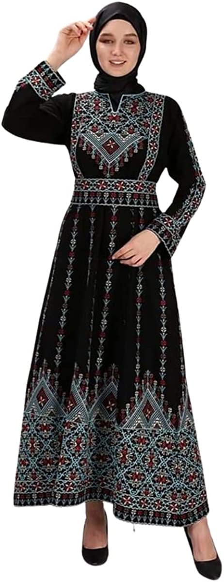 Marwa Fashion Designer Palestinian Thobe - Full Sleeve Embroidered Palestine Thoub - Arabic Dress for Muslim Women & Girls Black Blue