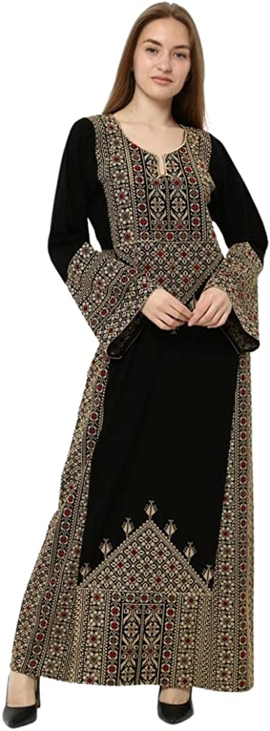 Marwa Fashion Palestinian Thobe Dress for Women - Traditional Palestinian Dress for Girl with Beautiful Embroidery - Dress for Wedding, Parties and Dinner Black-Beige