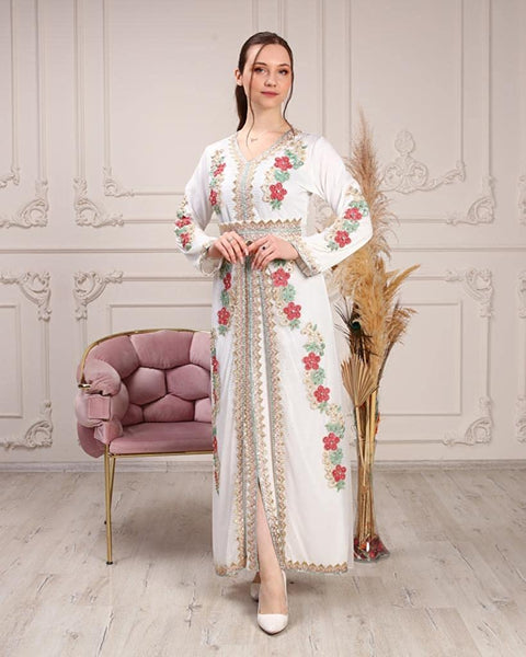 Marwa Fashion Women Muslim Arabic Model 118 Kaftan/Caftan - Arabic Islamic Moroccan Dress with Embroidery White
