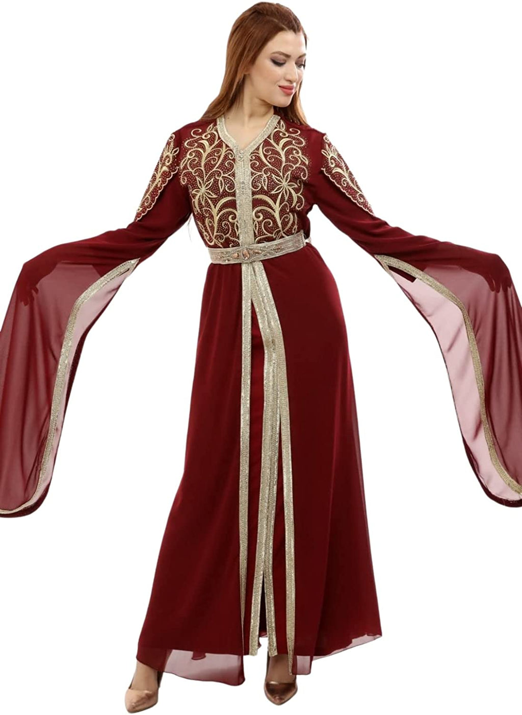 Marwa Fashion Designer Islamic Kaftan - Full Muslim Long Sleeve Wedding Dress - Arabic Dress for Muslim Women & Girls Red