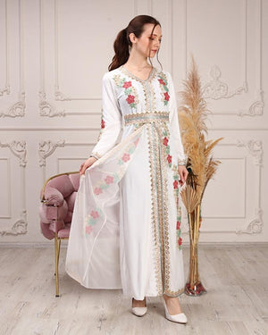 Marwa Fashion Women Muslim Arabic Model 118 Kaftan/Caftan - Arabic Islamic Moroccan Dress with Embroidery White