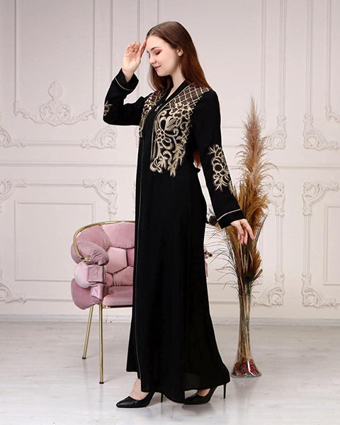 Marwa Fashion Abayas for Women Muslim - Comfortable Arabic Abaya Made from 100% Polyester with Beautiful Embroidery Black Gold