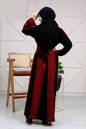 Marwa Fashion Palestine Thobe Dress - Islamic Full Sleeve Abaya Dress with Palestinian Embroidery - Wedding, Party & Dinner Black Red
