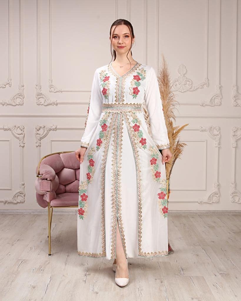 Marwa Fashion Women Muslim Arabic Model 118 Kaftan/Caftan - Arabic Islamic Moroccan Dress with Embroidery White